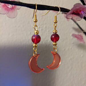 Pearlescent Red Glass Crescent Moon Earrings
